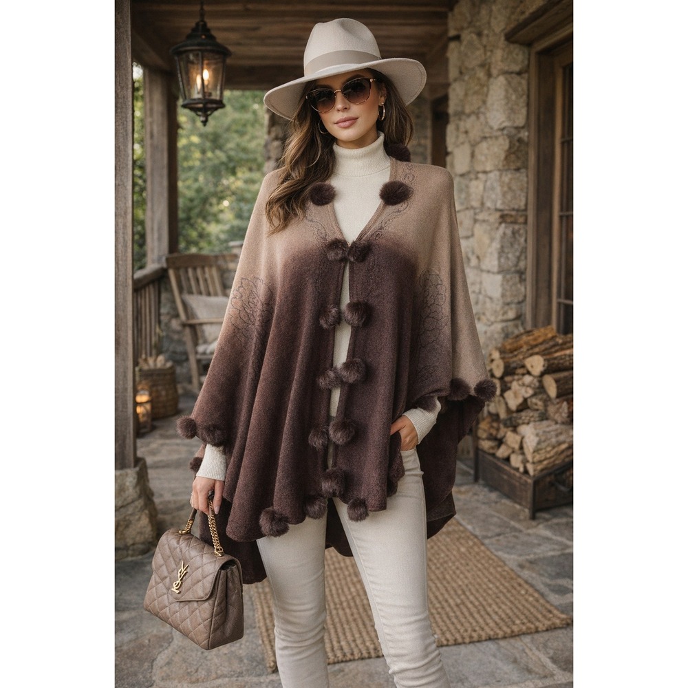Chic Ruff Brown Ombre Cotton Knit Pom-Pom Cape Shawl One Size Boho Elegant Cozy